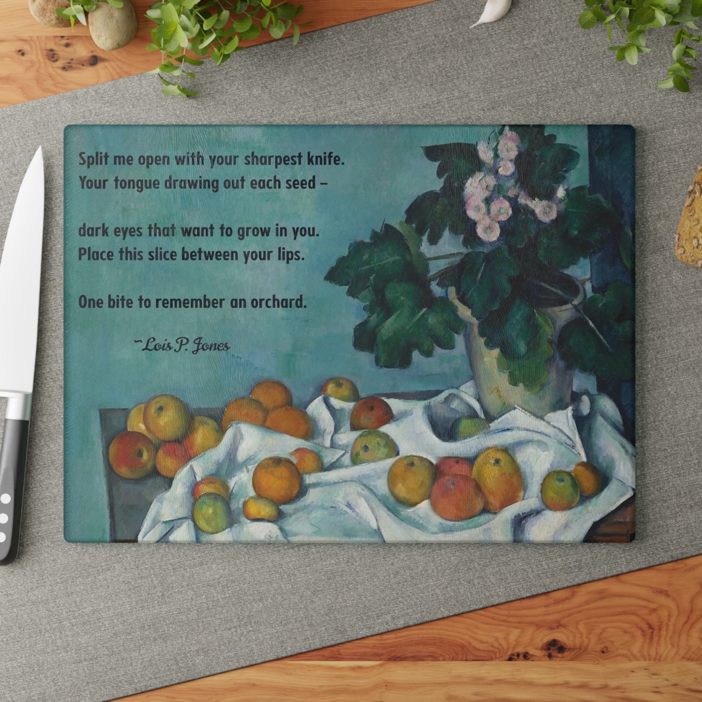 Poetry Cutting Board with Cézanne Print - Lois P. Jones "One bite to remember an orchard"