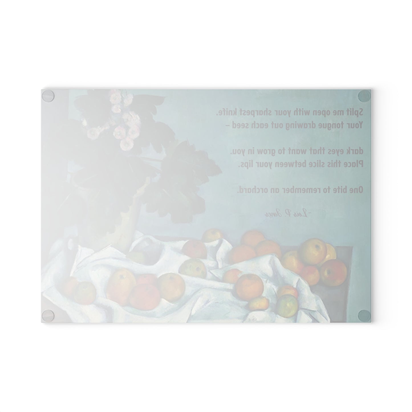 Poetry Merch Beautiful Glass Cutting Board with Cézanne Print - Lois P. Jones "One bite to remember an orchard"