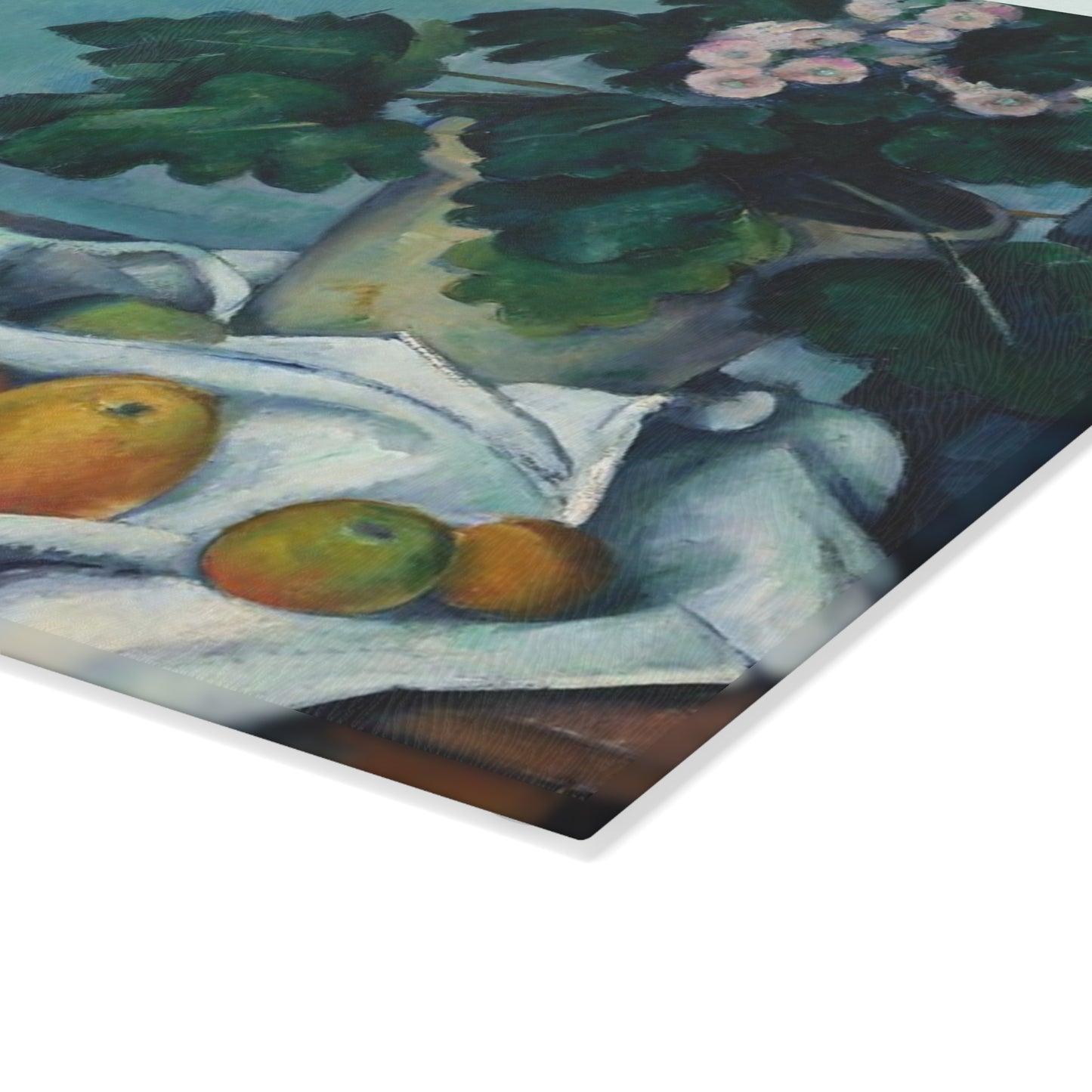 Poetry Merch Beautiful Glass Cutting Board with Cézanne Print - Lois P. Jones "One bite to remember an orchard"