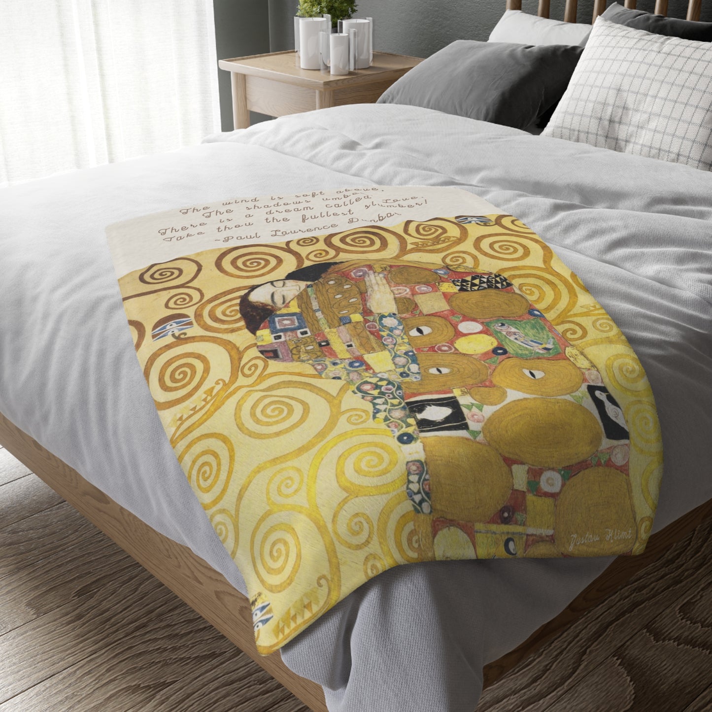 Poetry Merch Dreamy Velveteen Microfiber Blanket with Klimt Painting and Paul Laurence Dunbar Quote "There is a dream called Love"