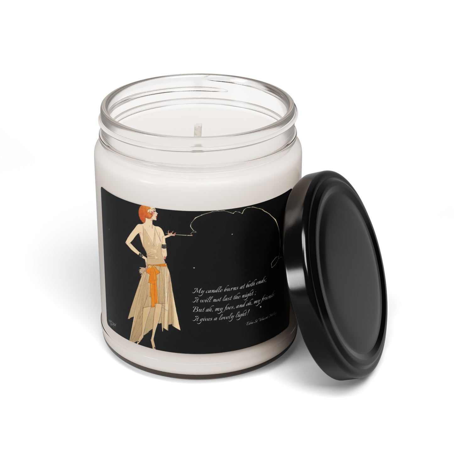 Poetry Merch Roaring 20's Soy Candle with Flapper and Edna St Vincent Millay Quote "My candle burns at both ends"