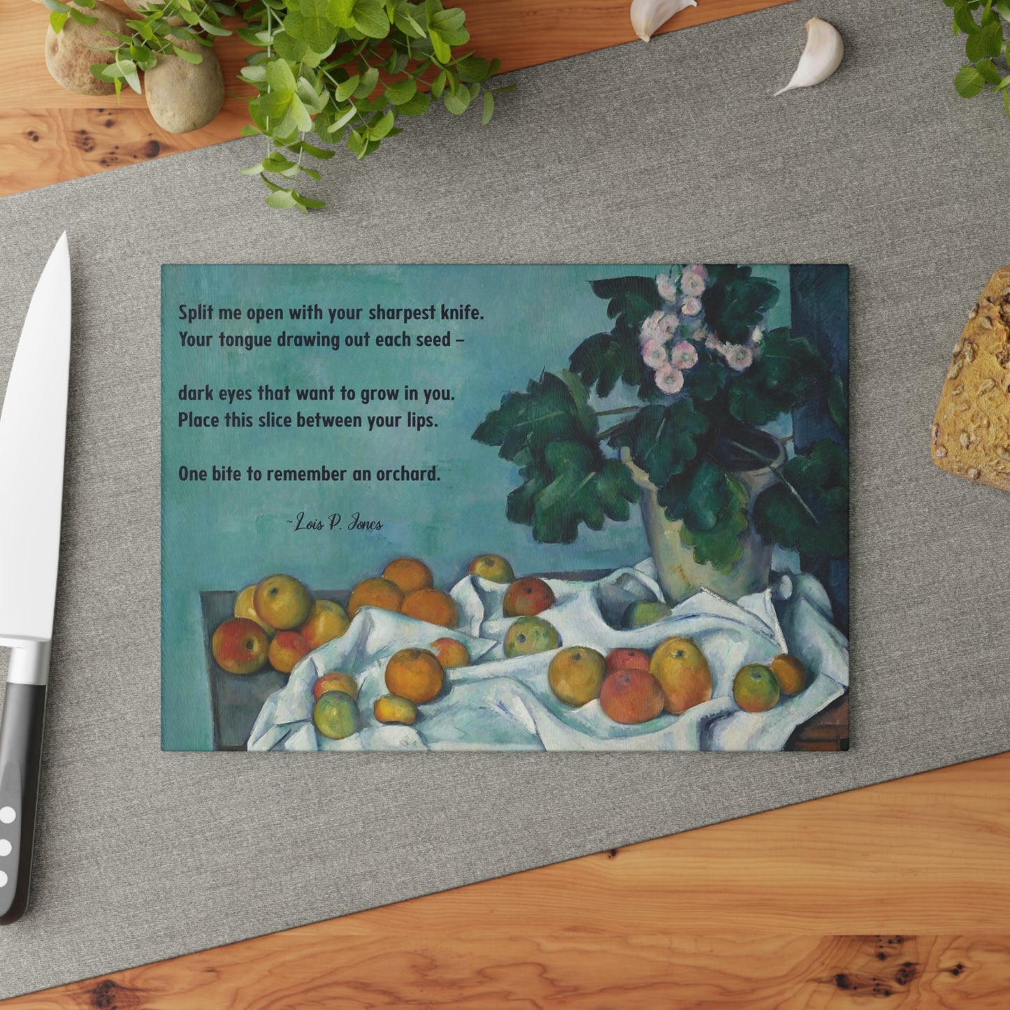 Poetry Merch Beautiful Glass Cutting Board with Cézanne Print - Lois P. Jones "One bite to remember an orchard"