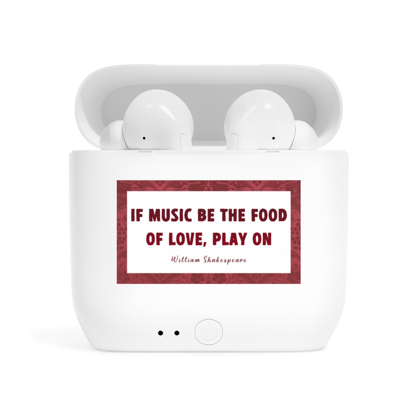 Poetry Merch Wireless Earbuds with Gorgeous Case - "If music be the food of love, play on" William Shakespeare