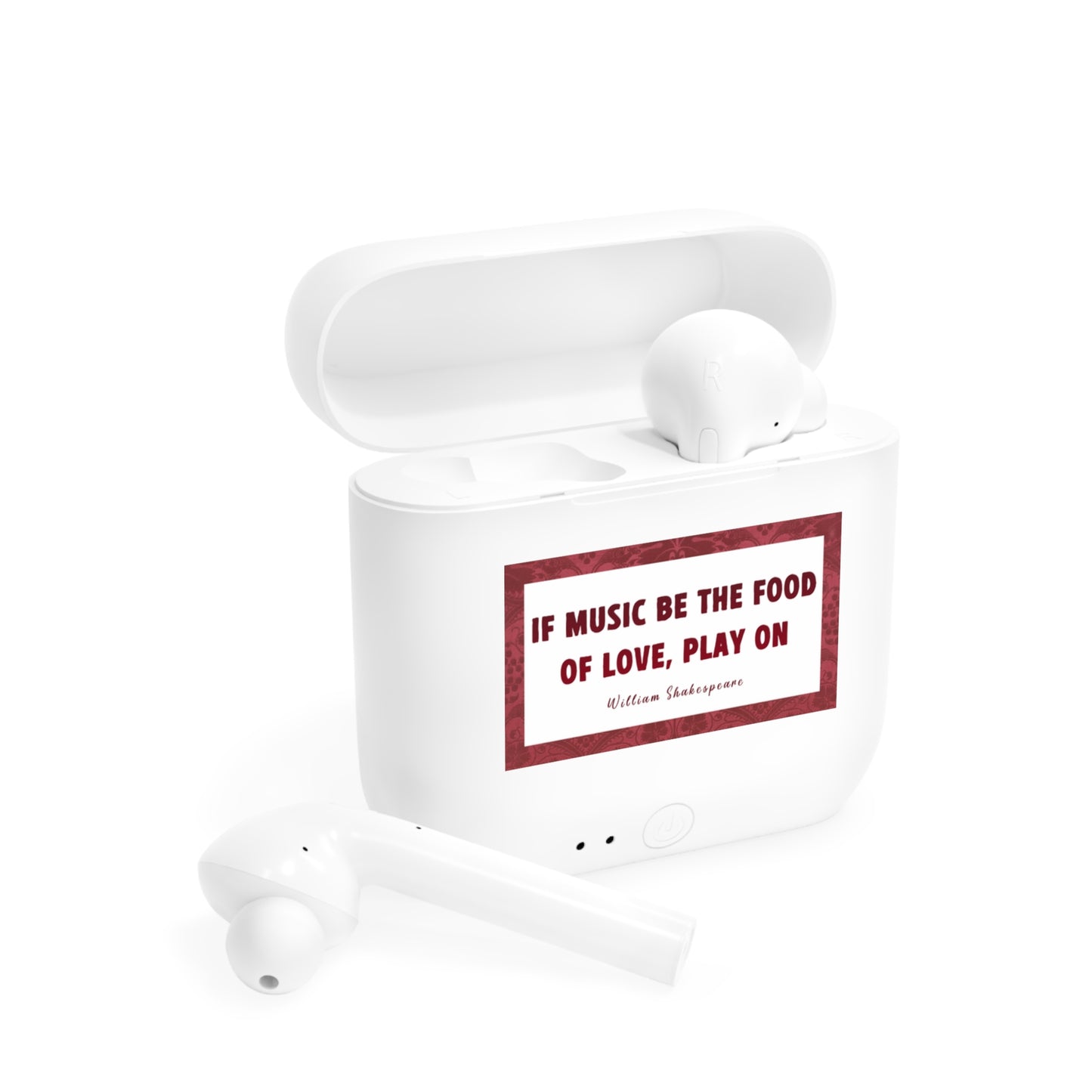 Poetry Merch Wireless Earbuds with Gorgeous Case - "If music be the food of love, play on" William Shakespeare